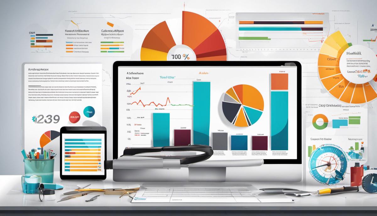 A digital marketing image showing various tools and charts representing data analysis.